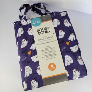 Halloween Purple White Cheeky Ghosts Boos Bones QUEEN 5pc Sheet Set Boys Bedding